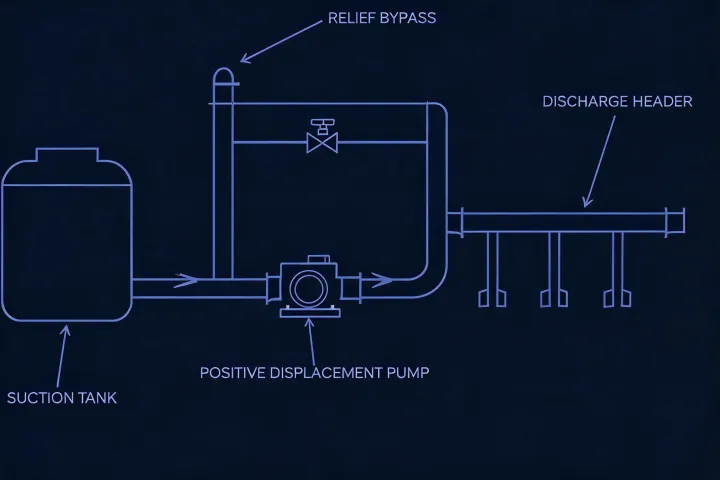 Schematic pump room layout showing suction tank, positive displacement pump, relief path and discharge header without a street address